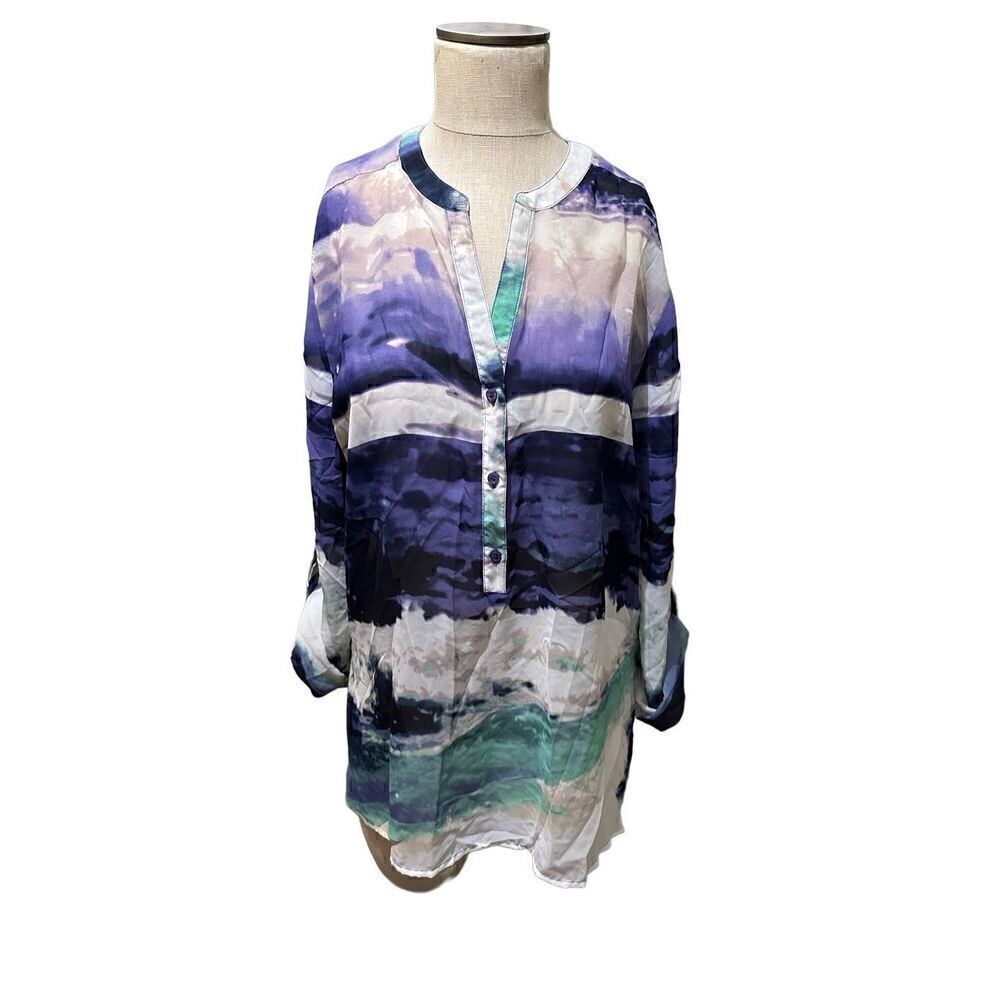 Fred David Womens Semi Sheer 1/4 Button up White and Purple Blouse New size XL